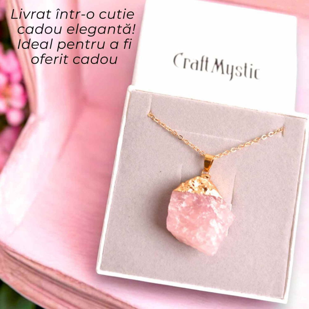 Colier auriu ajustabil cu pandantiv din Cuart Roz brut – Vindecare și Iubire dimensiune 35-50 mm [6]