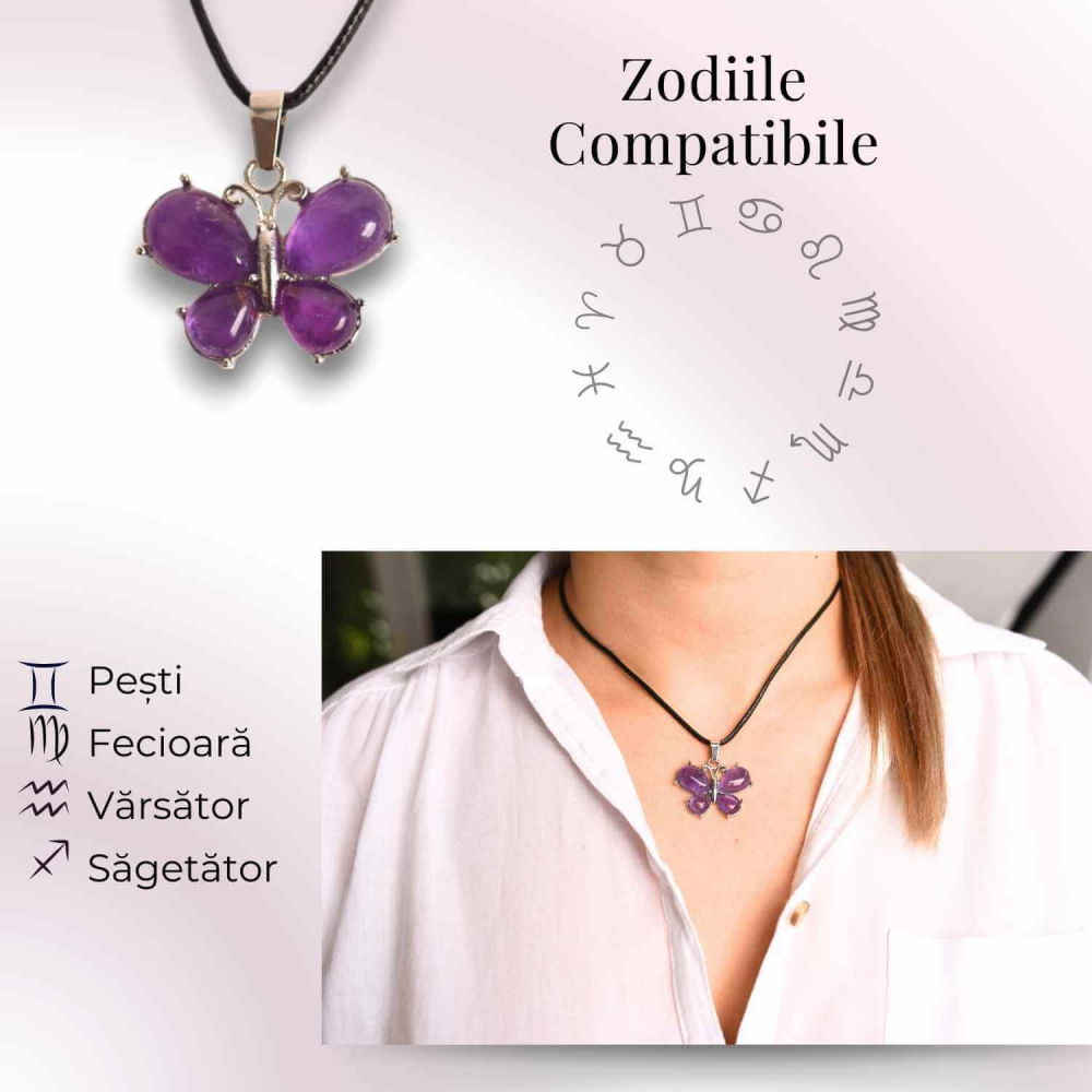 Colier ajustabil fluture cu ametist, ochi de tigru sau cuart roz – Protecție și Eleganță [4]