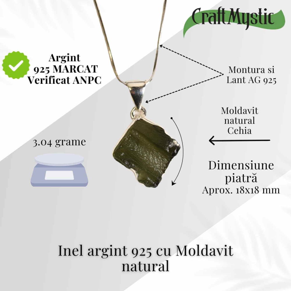Colier argint 925 cu Moldavit natural brut – Energie cosmica, talisman de protectie [2]
