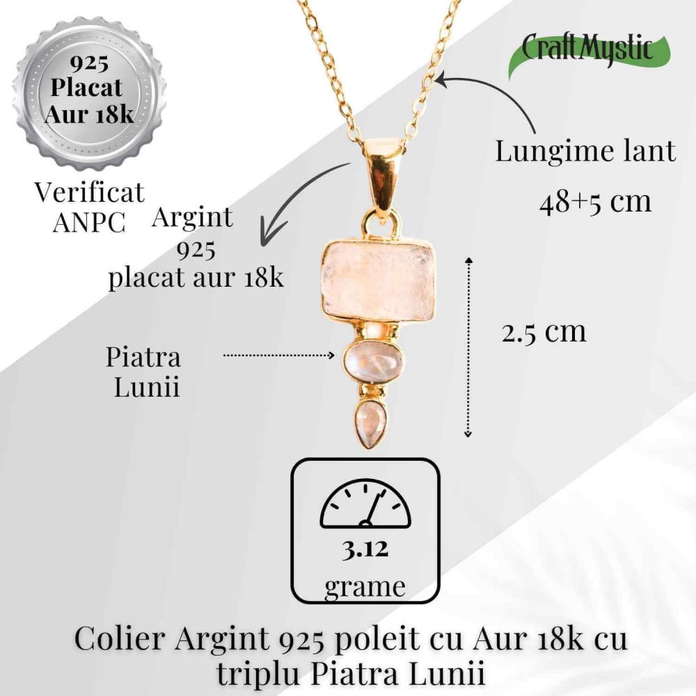 Intuitie si Echilibru Emotional – Colier inox si pandantiv argint 925 placat cu aur de18k si Triplu Piatra Lunii [5]