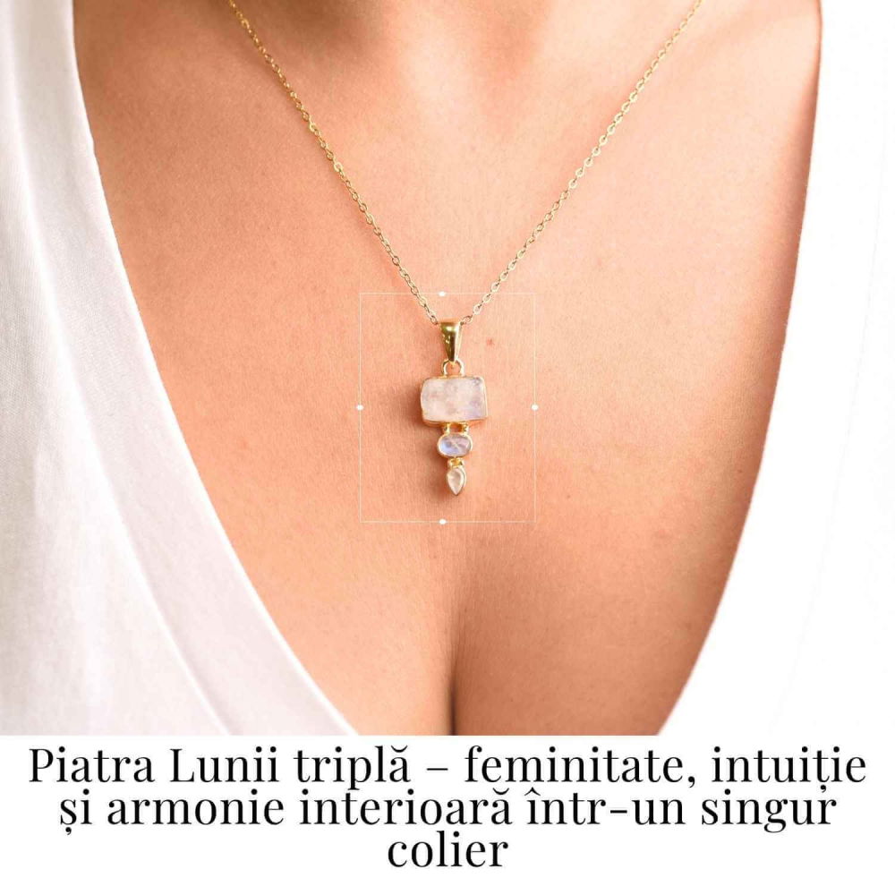 Intuitie si Echilibru Emotional – Colier inox si pandantiv argint 925 placat cu aur de18k si Triplu Piatra Lunii [2]
