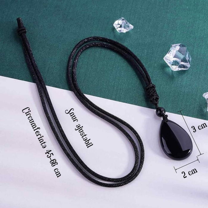 Colier din Cristal Obsidian in Forma de Lacrima Bijuterie Manuala cu Snur Reglabil pentru Barbati si Femei [2]