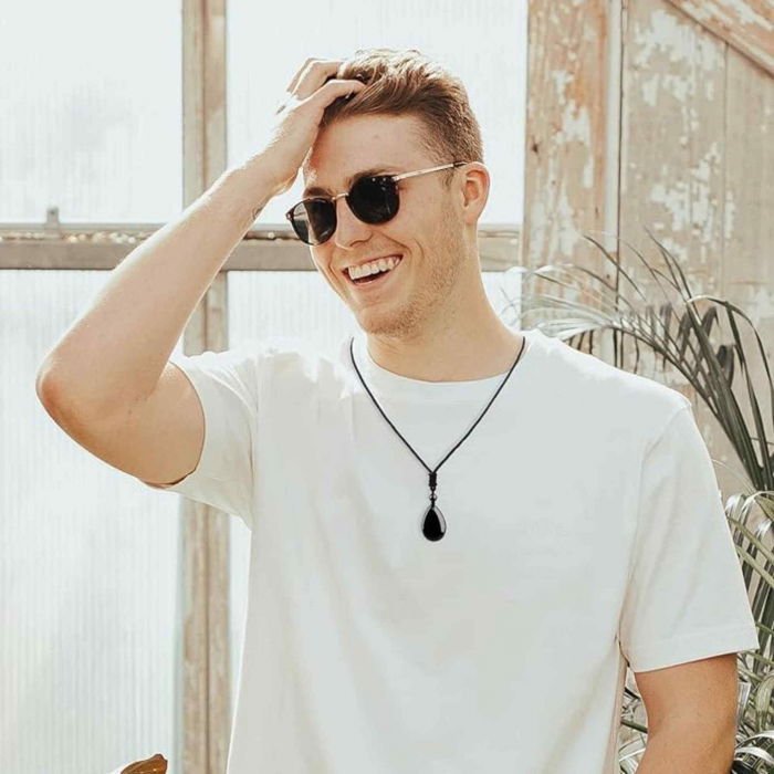 Colier din Cristal Obsidian in Forma de Lacrima Bijuterie Manuala cu Snur Reglabil pentru Barbati si Femei [3]