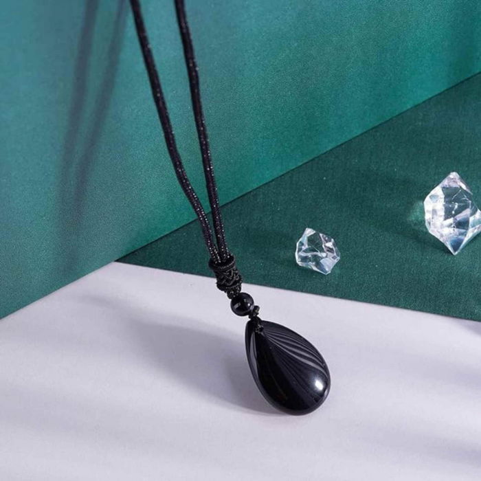 Colier din Cristal Obsidian in Forma de Lacrima Bijuterie Manuala cu Snur Reglabil pentru Barbati si Femei [4]