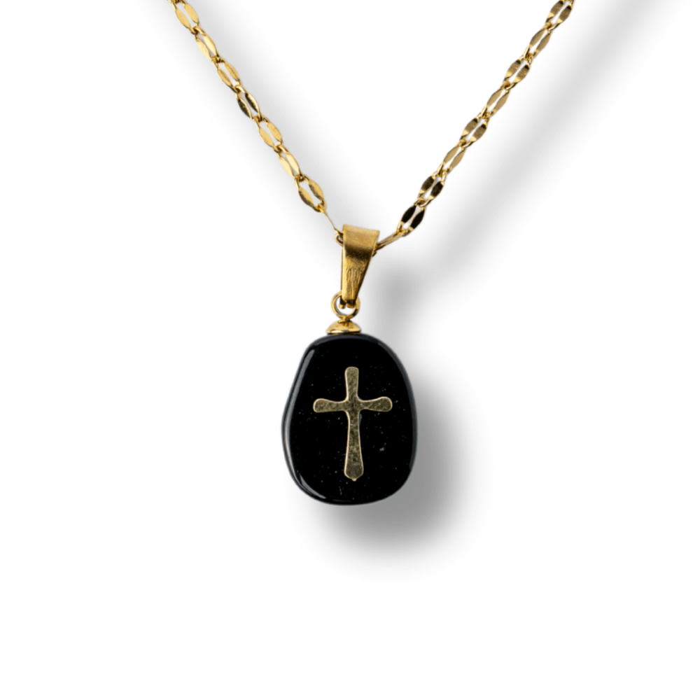 Colier Otel Inoxidabil Auriu cu Obsidian si Cruce – Protectie si Claritate Interioara [9]