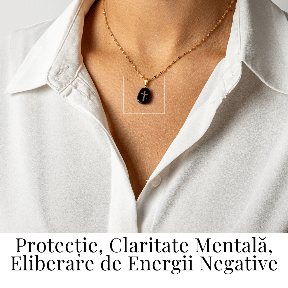 Colier Otel Inoxidabil Auriu cu Obsidian si Cruce – Protectie si Claritate Interioara [2]
