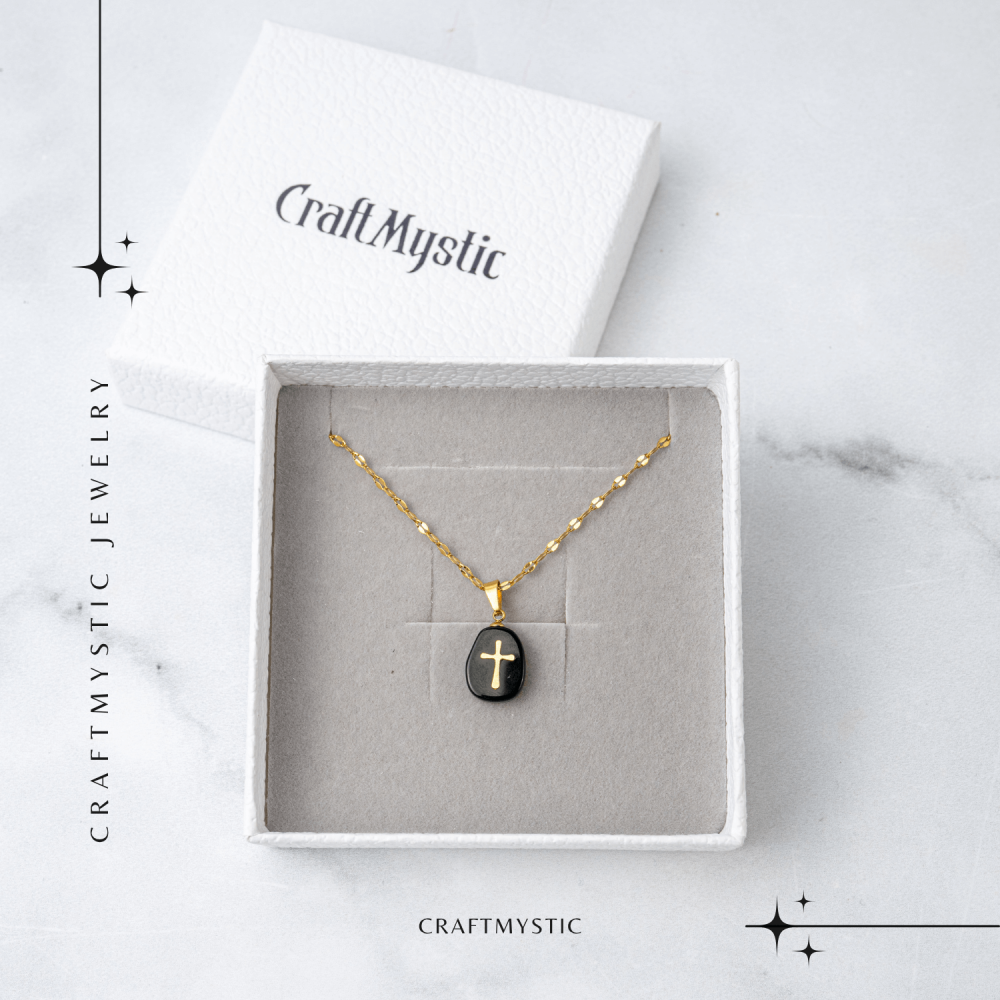 Colier Otel Inoxidabil Auriu cu Obsidian si Cruce – Protectie si Claritate Interioara [7]