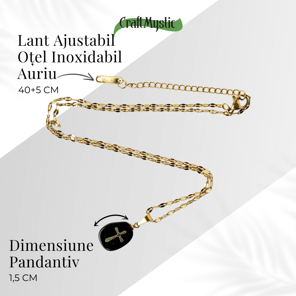 Colier Otel Inoxidabil Auriu cu Obsidian si Cruce – Protectie si Claritate Interioara [5]