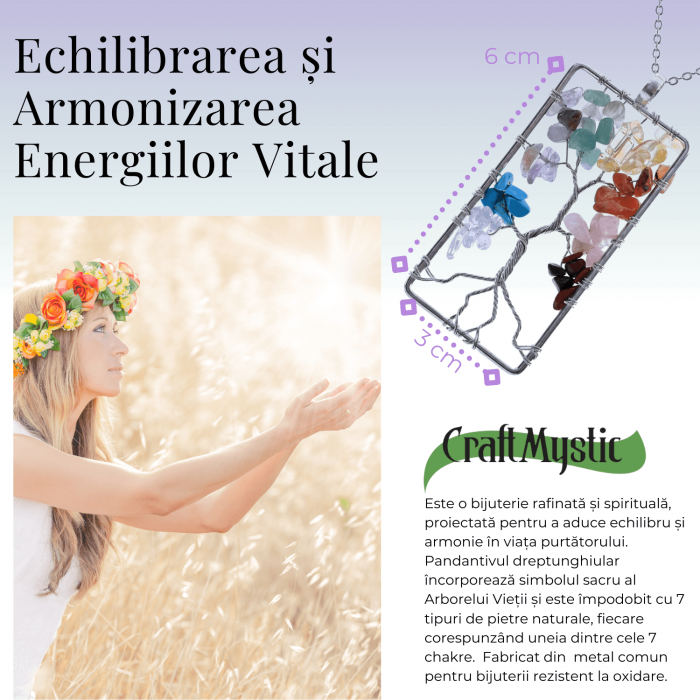 Colier dreptunghiular ajustabil cu arborele vietii si pietre pentru chakre - Echilibru si Armonie [3]