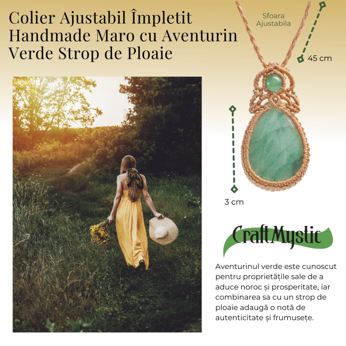 Colier Ajustabil Handmade cu Aventurin Verde "Strop de Ploaie" – Maro, Lungime Maxima 45 cm [2]