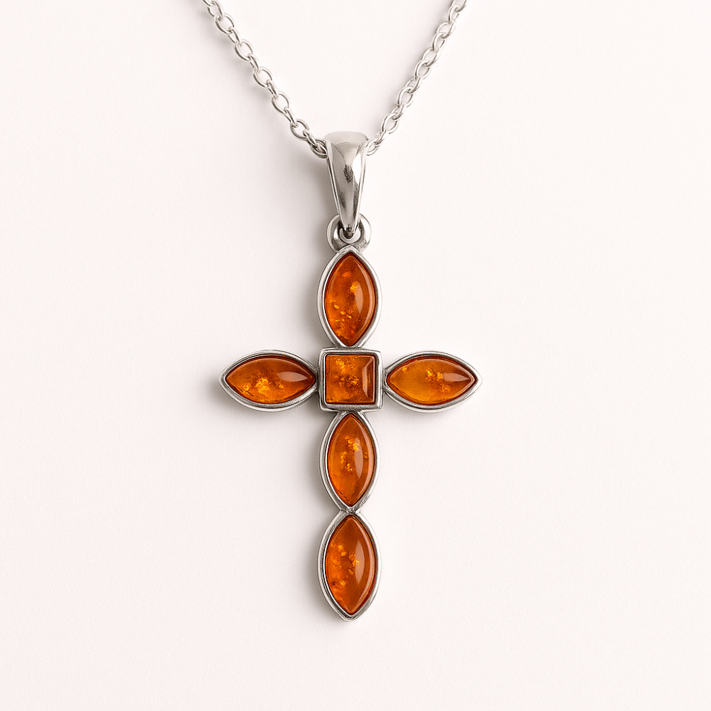 Colier cruciulita cu chihlimbar si montura argint 925 – Simbol sacru al puritatii si credintei [1]