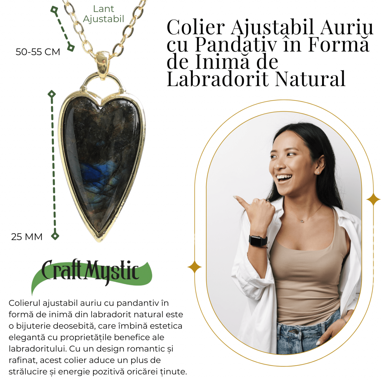 Colier Auriu Ajustabil cu Pandantiv Inima Labradorit Natural [6]