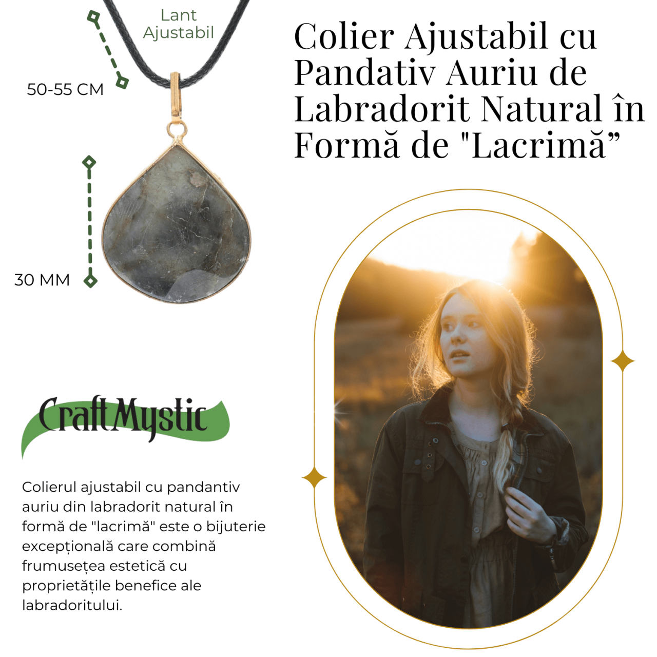 Colier Auriu Ajustabil cu Pandantiv Labradorit Lacrima pentru Protectie [6]