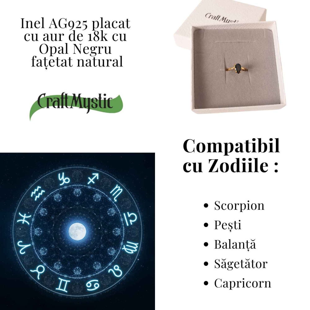 Inel Argint 925 placat cu aur 18K cu Opal Negru Fațetat oval— o reflexie profunda a intuitiei purtate cu gratie [5]