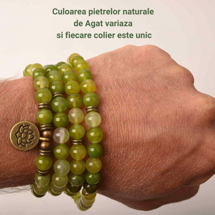 Bratara si Colier Mala din Agat Verde cu 108 Margele de 8mm Ajustabila si Elastica, cu Simbolul Lotus si Viata pentru Yoga [2]