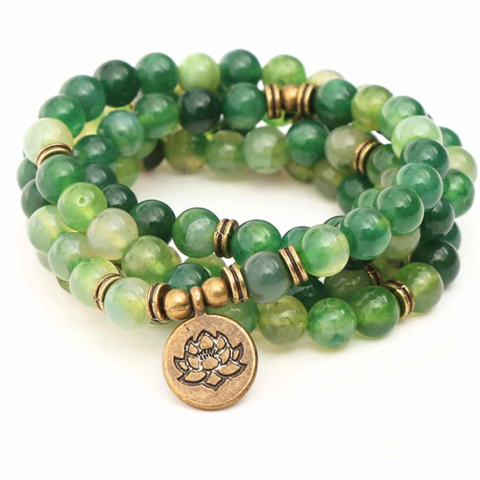 Bratara si Colier Mala din Agat Verde cu 108 Margele de 8mm Ajustabila si Elastica, cu Simbolul Lotus si Viata pentru Yoga [4]