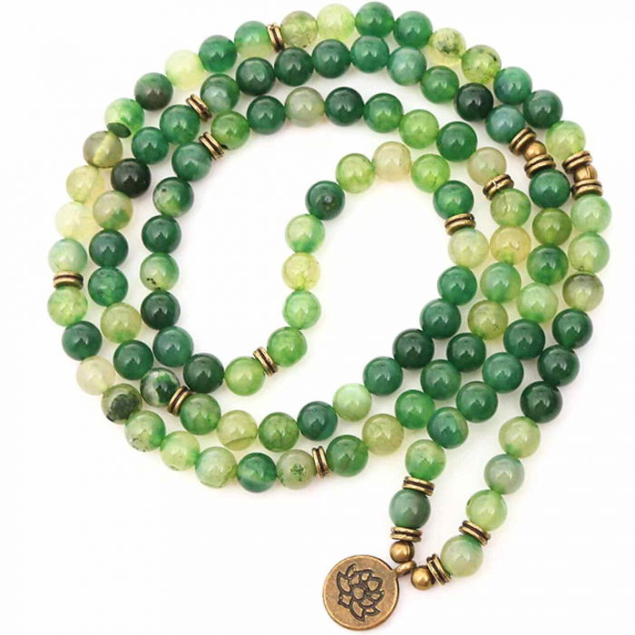 Bratara si Colier Mala din Agat Verde cu 108 Margele de 8mm Ajustabila si Elastica, cu Simbolul Lotus si Viata pentru Yoga [1]