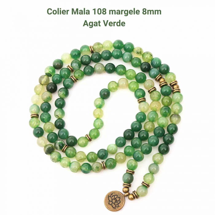 Bratara si Colier Mala din Agat Verde cu 108 Margele de 8mm Ajustabila si Elastica, cu Simbolul Lotus si Viata pentru Yoga [3]