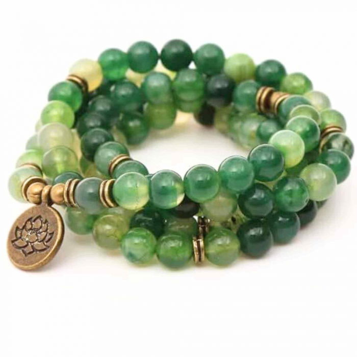 Bratara si Colier Mala din Agat Verde cu 108 Margele de 8mm Ajustabila si Elastica, cu Simbolul Lotus si Viata pentru Yoga [5]
