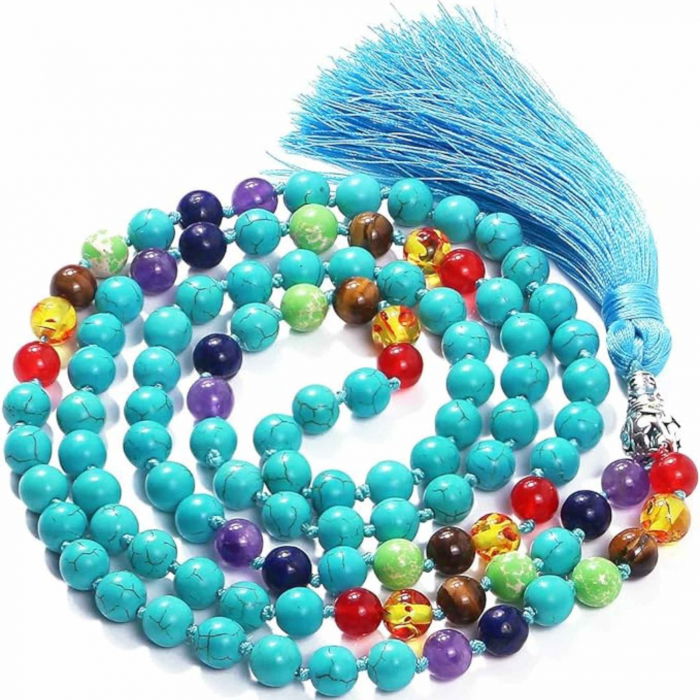 Colier Mala cu Turcoaz si 7 Chakre Colier Autentic din Jad, Piatra Sacralizata pentru Echilibru si Liniste [1]