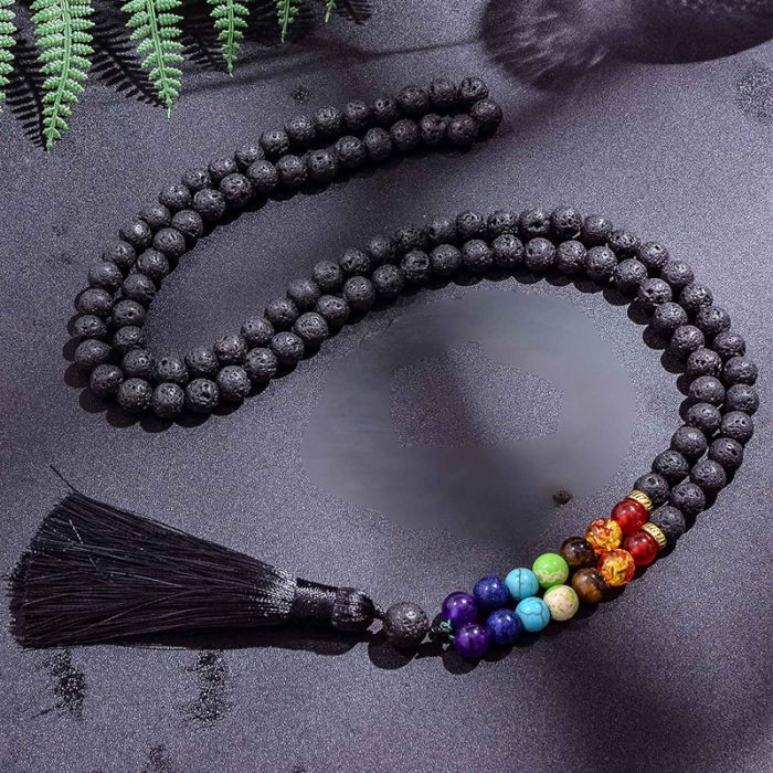 Colier Mala Rozariu cu Margele 8mm din Piatra de Lava Neagra Vulcanica si 7 pietre pentru cele 7 chakre [4]
