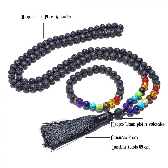Colier Mala Rozariu cu Margele 8mm din Piatra de Lava Neagra Vulcanica si 7 pietre pentru cele 7 chakre [2]