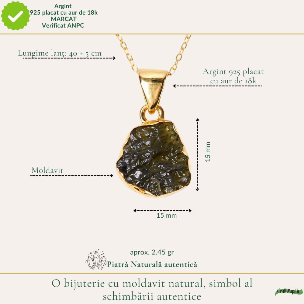 Colier cu Moldavit si argint placat cu Aur de 18K – Bijuterie Spirituala si Unica [4]