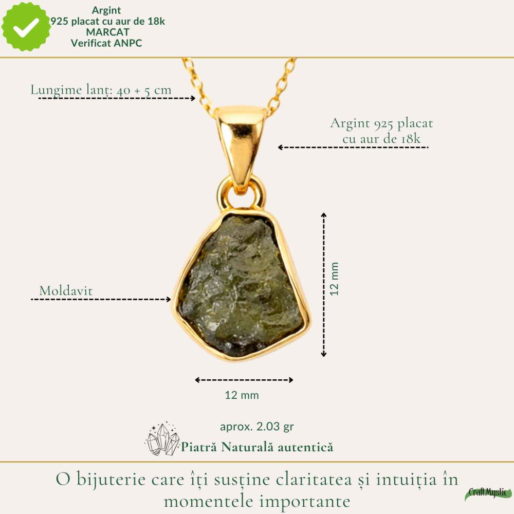 Colier Moldavit Brut Neuniform Argint 925 Placat cu Aur – Claritate si Energie Interioara [4]