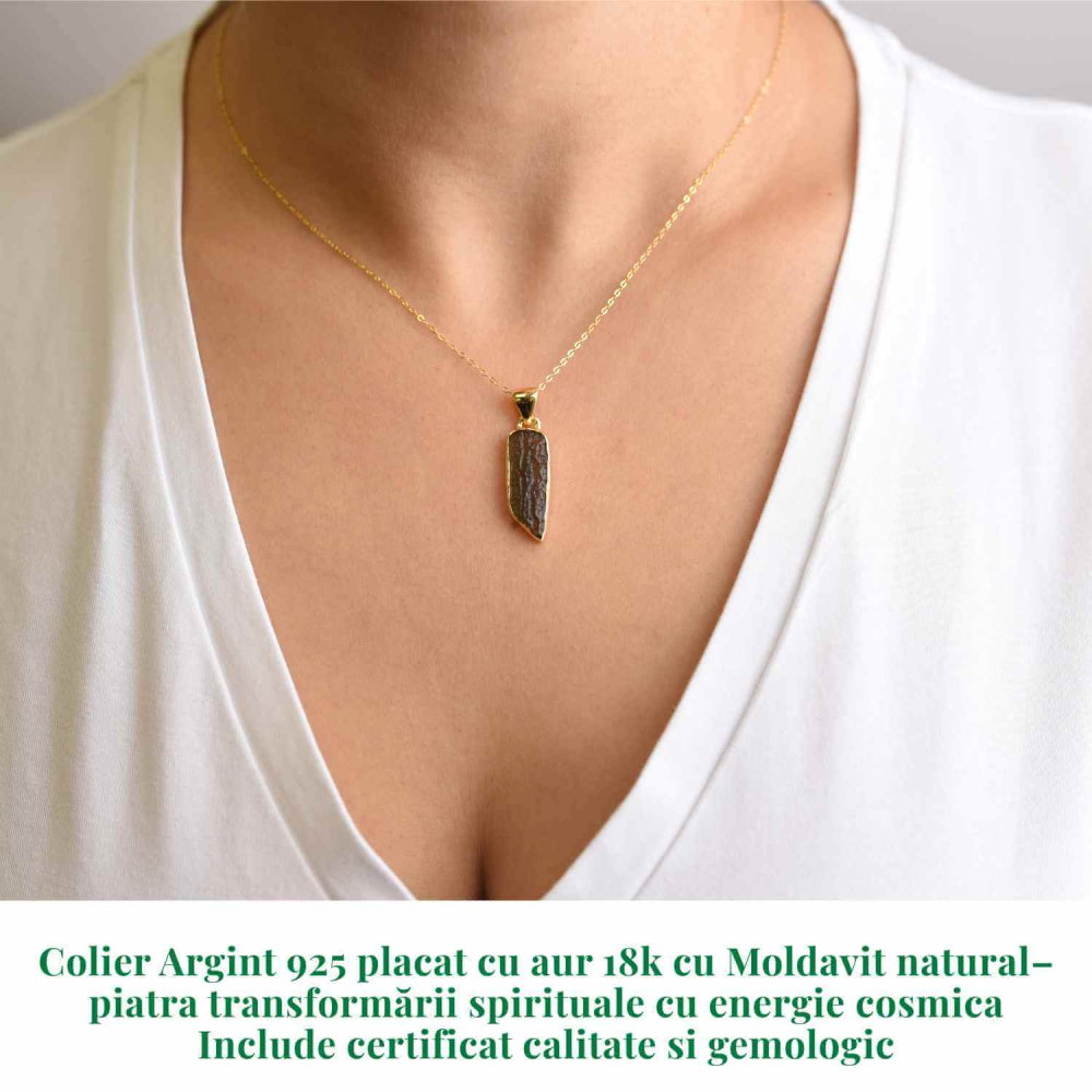Colier argint 925 placat aur 18k cu Moldavit natural 2.3 gr – talisman de transformare spirituala [2]