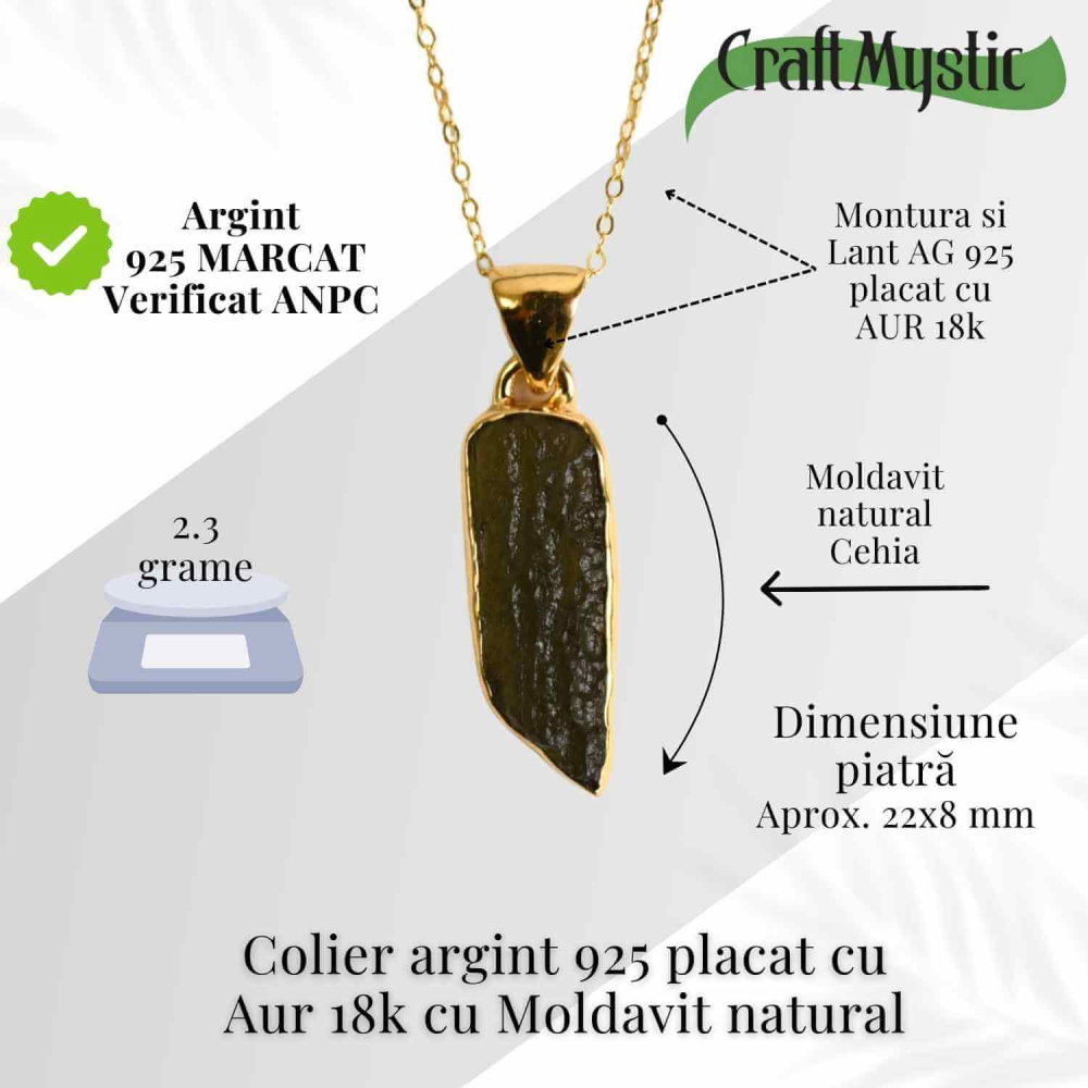 Colier argint 925 placat aur 18k cu Moldavit natural 2.3 gr – talisman de transformare spirituala [3]