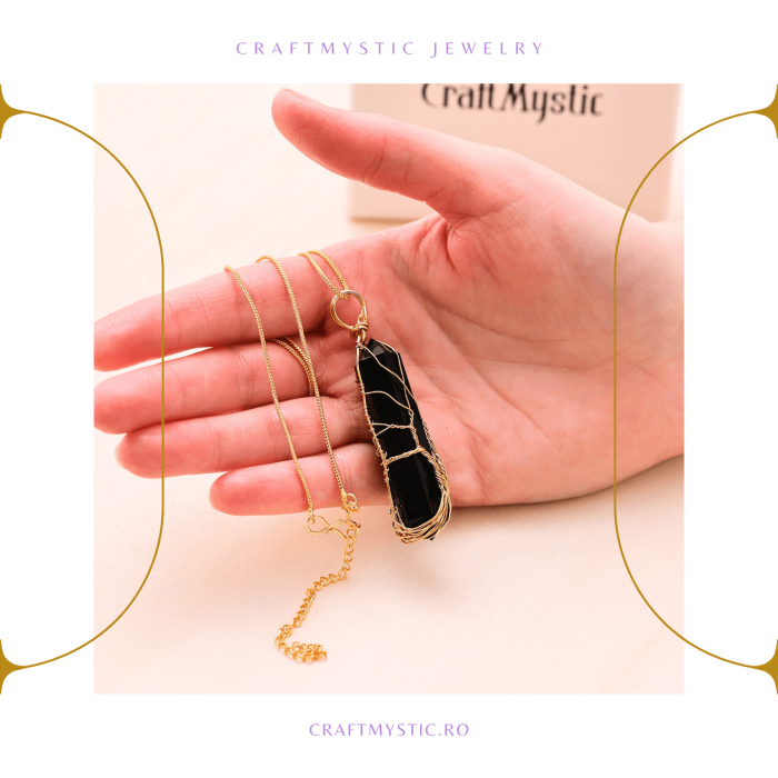 Colier cu Cristal Obsdian si infasurat cu sarma forma Arborele Vietii - Bijuterie Spirituala pentru Femei si Barbati [2]