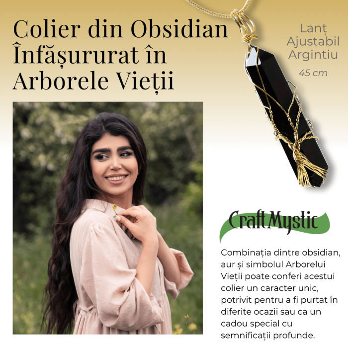 Colier cu Cristal Obsdian si infasurat cu sarma forma Arborele Vietii - Bijuterie Spirituala pentru Femei si Barbati [7]