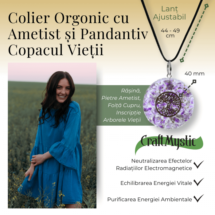 Colier Orgonic Reglabil cu Pietre de Ametist si Simbolul Arborele Vietii [4]