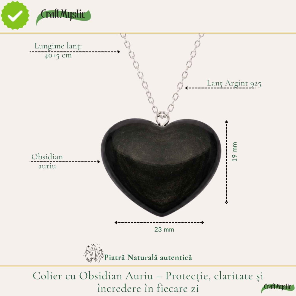 Colier cu Obsidian Auriu in Forma de Inima si lant argint 925– Protectie si Putere Interioara [4]