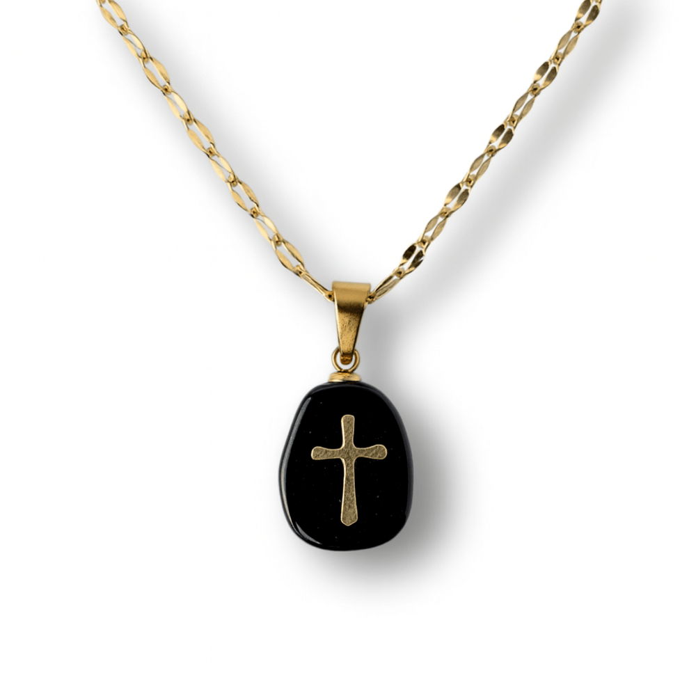 Colier Otel Inoxidabil Auriu cu Obsidian si Cruce – Protectie si Claritate Interioara [1]