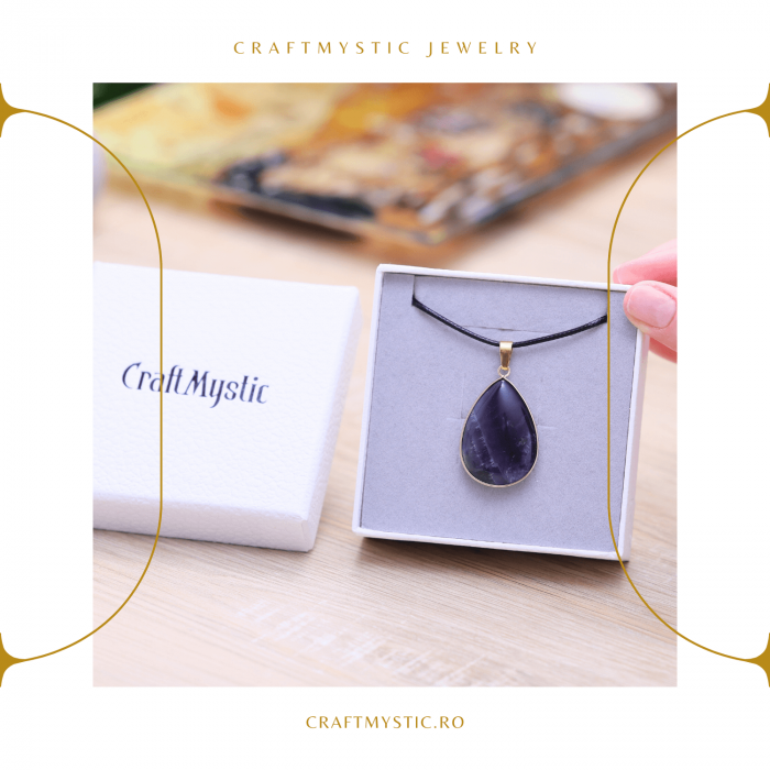 Colier Reglabil cu Pandantiv Auriu 35mm in Forma de Strop de Ploaie din Ametist [7]
