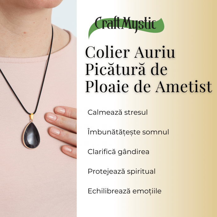 Colier Reglabil cu Pandantiv Auriu 35mm in Forma de Strop de Ploaie din Ametist [5]