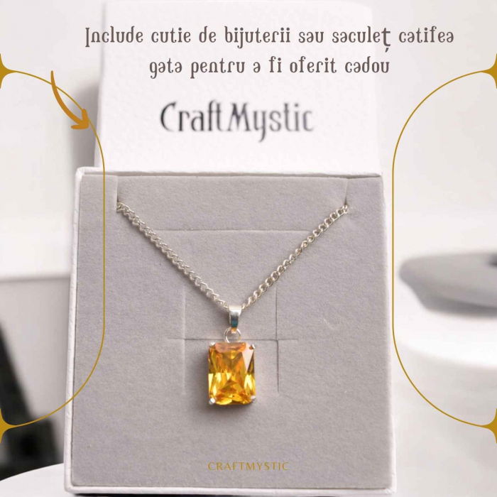 Colier Reglabil cu Pandantiv Argintiu 15mm in Forma Dreptunghiulara cu Citrin Natural Fatetat Qadri- Energie si Prosperitate [7]