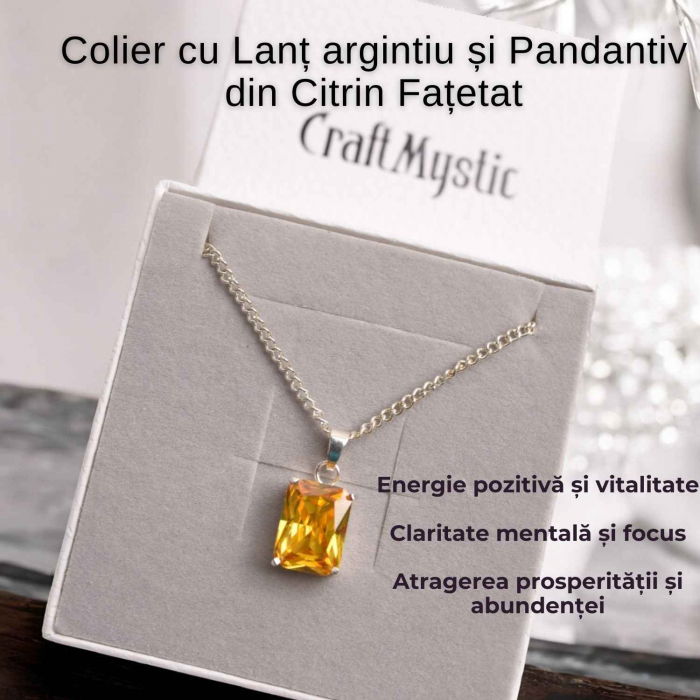 Colier Reglabil cu Pandantiv Argintiu 15mm in Forma Dreptunghiulara cu Citrin Natural Fatetat Qadri- Energie si Prosperitate [3]