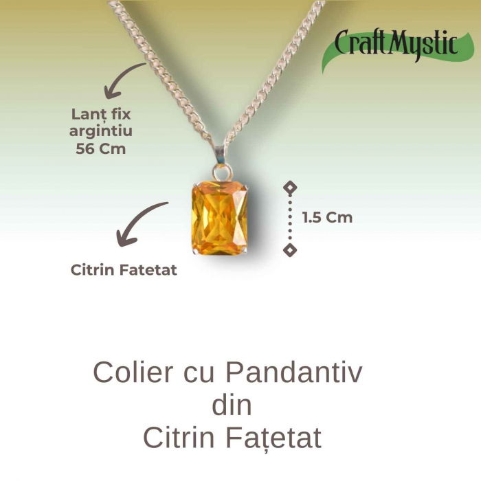 Colier Reglabil cu Pandantiv Argintiu 15mm in Forma Dreptunghiulara cu Citrin Natural Fatetat Qadri- Energie si Prosperitate [5]