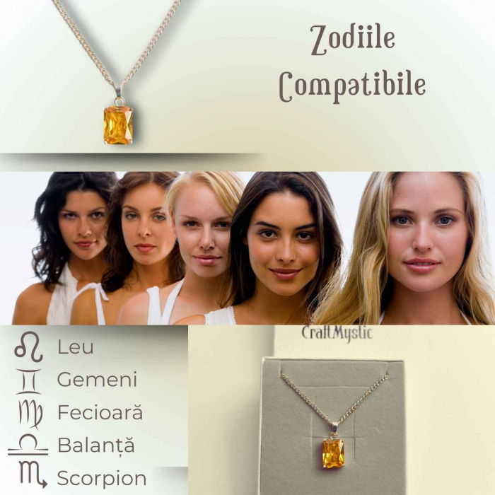 Colier Reglabil cu Pandantiv Argintiu 15mm in Forma Dreptunghiulara cu Citrin Natural Fatetat Qadri- Energie si Prosperitate [4]