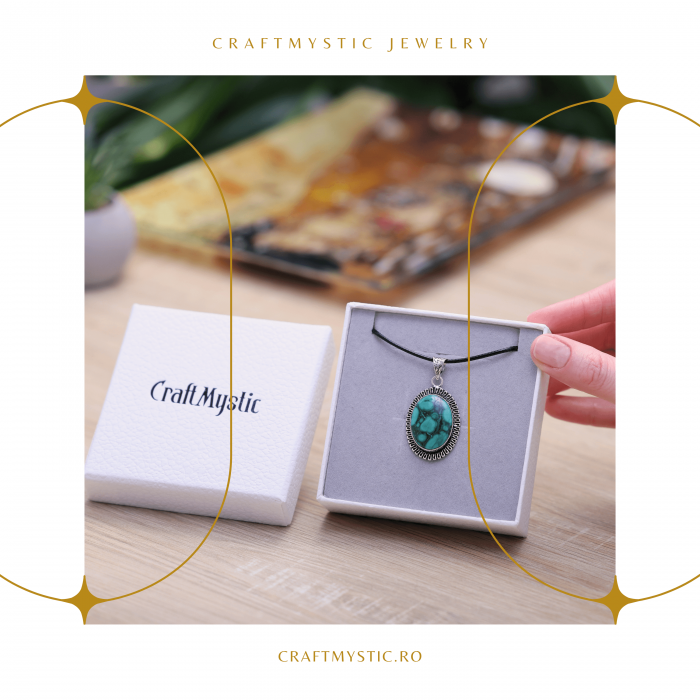 Colier Reglabil cu Pandantiv Argintiu 35mm in Forma Ovala din Malachit Natural [6]