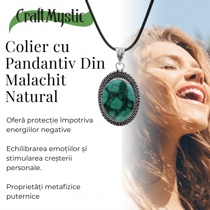 Colier Reglabil cu Pandantiv Argintiu 35mm in Forma Ovala din Malachit Natural [4]