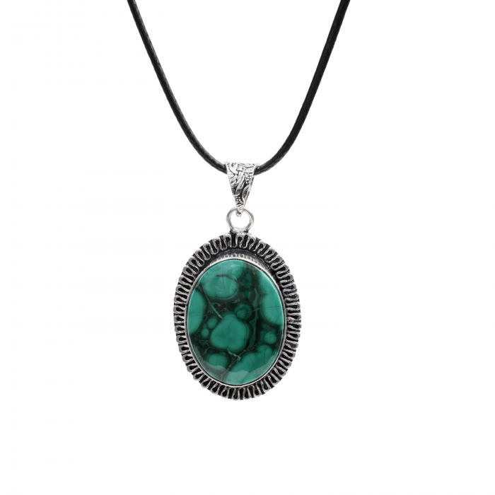 Colier Reglabil cu Pandantiv Argintiu 35mm in Forma Ovala din Malachit Natural [1]