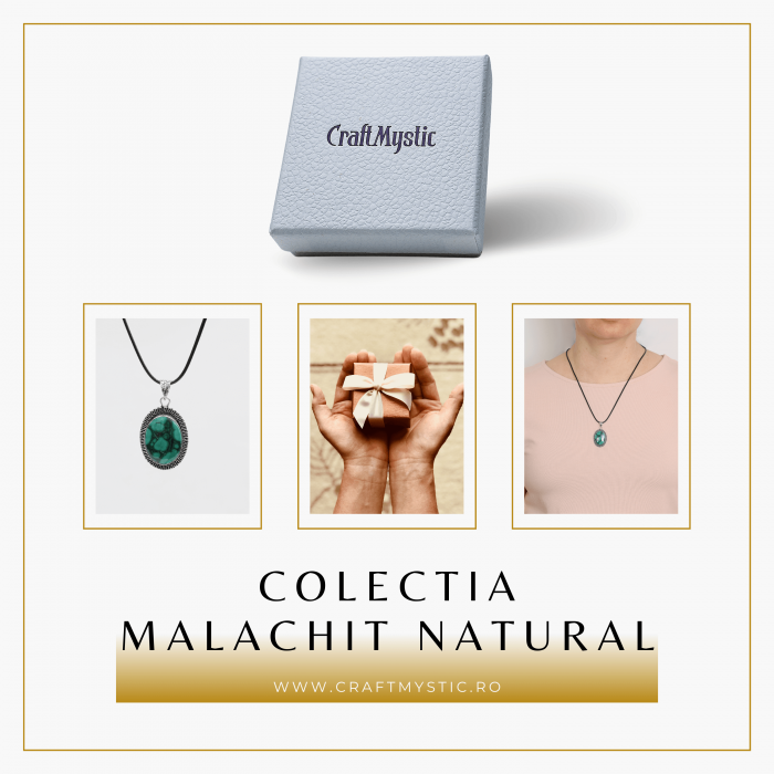 Colier Reglabil cu Pandantiv Argintiu 35mm in Forma Ovala din Malachit Natural [5]