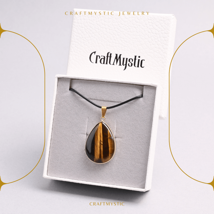 Colier Reglabil cu Pandantiv Auriu in Forma de Strop de Ploaie din Ochi de Tigru, 35mm [7]