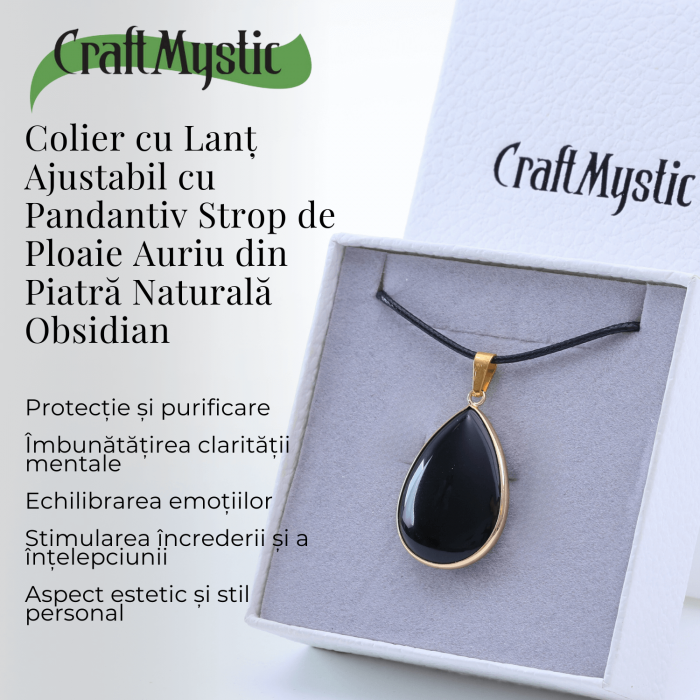 Colier ajustabil cu pandantiv strop de ploaie auriu Obsidian - Protectie si Claritate [3]