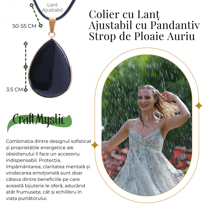 Colier ajustabil cu pandantiv strop de ploaie auriu Obsidian - Protectie si Claritate [4]