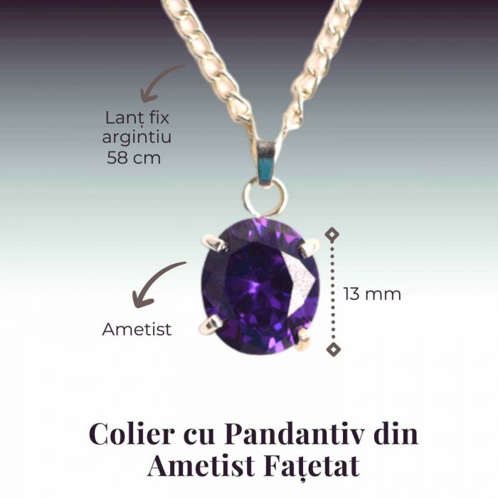Colier reglabil cu pandativ din Ametist natural oval fatetat- Claritate și Protecție Spirituală [4]