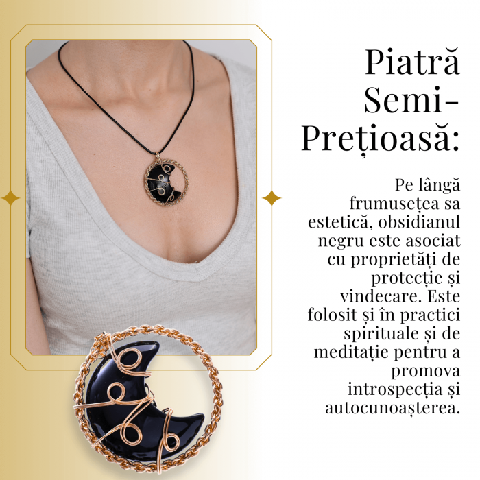 Colier Auriu Elegant in Forma de Semiluna cu Cristal Obsidian, Lungime Lant Ajustabila 34-38 cm [6]